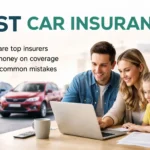 Family comparing best car insurance quotes online with coverage checklist and cars in background