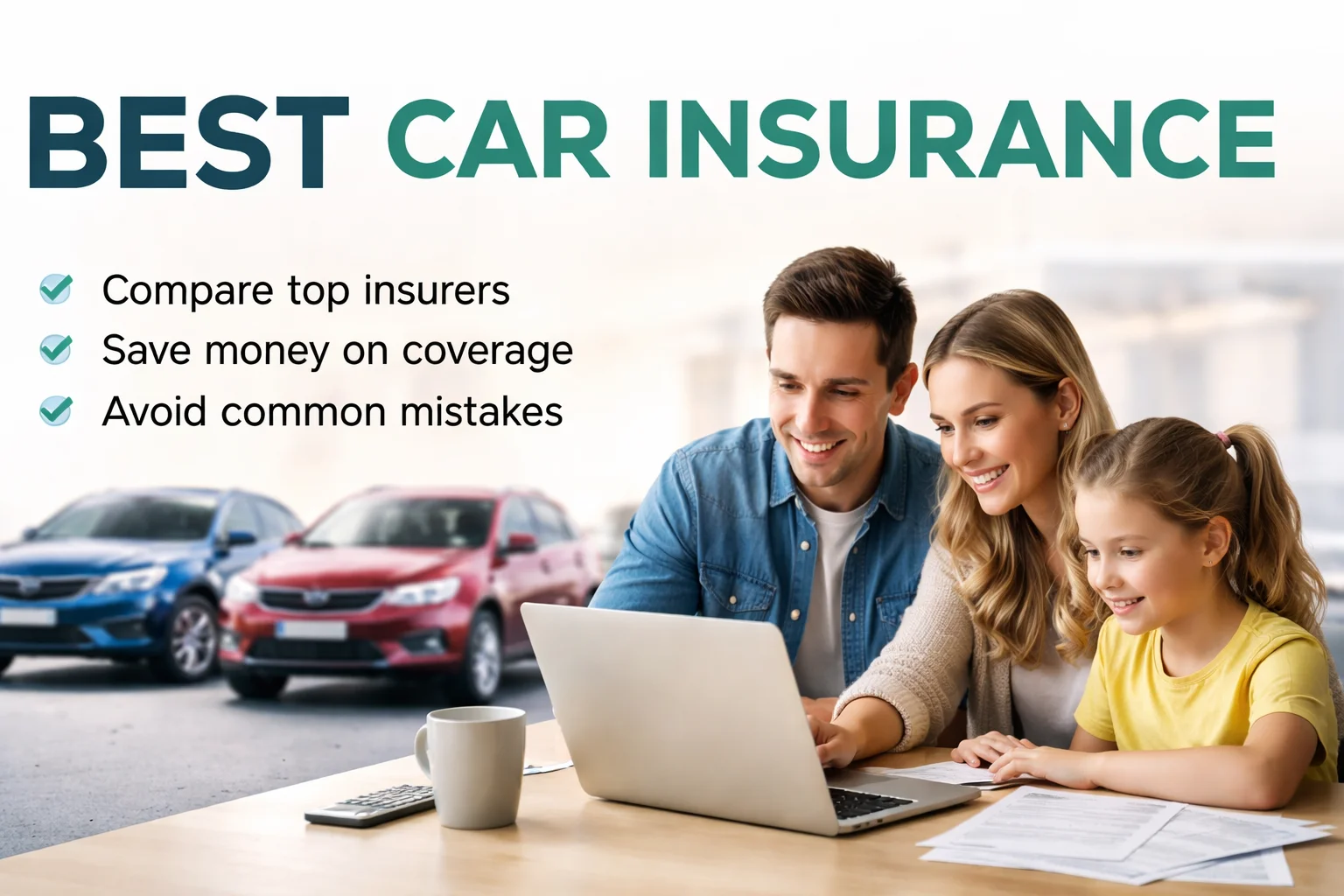 Family comparing best car insurance quotes online with coverage checklist and cars in background
