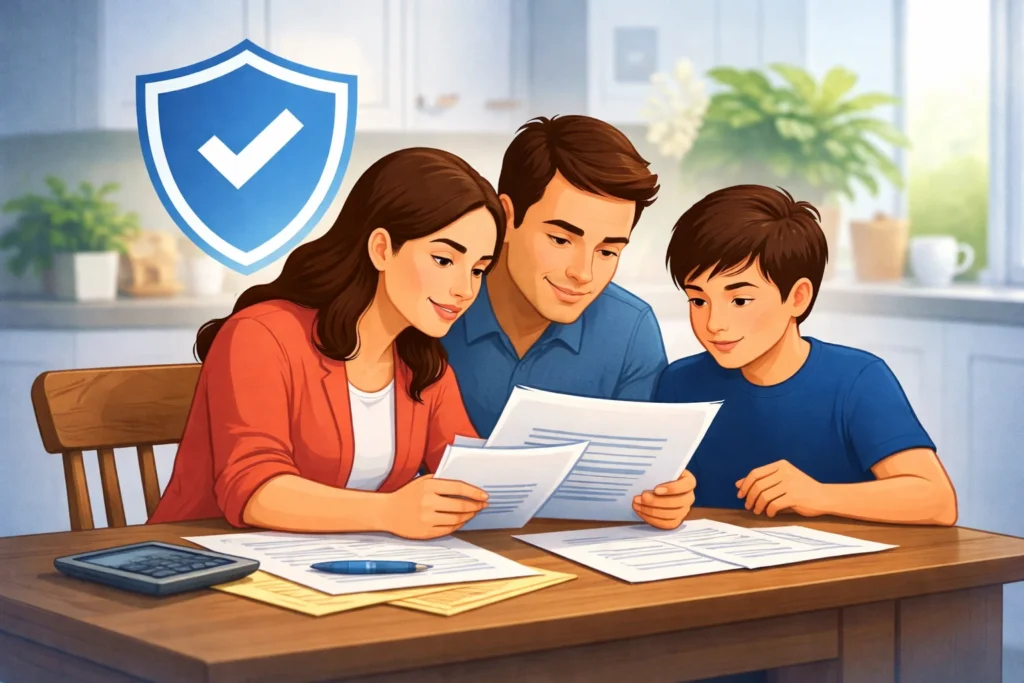 A family reviews policy documents together at the kitchen table while comparing insurance details and coverage options.