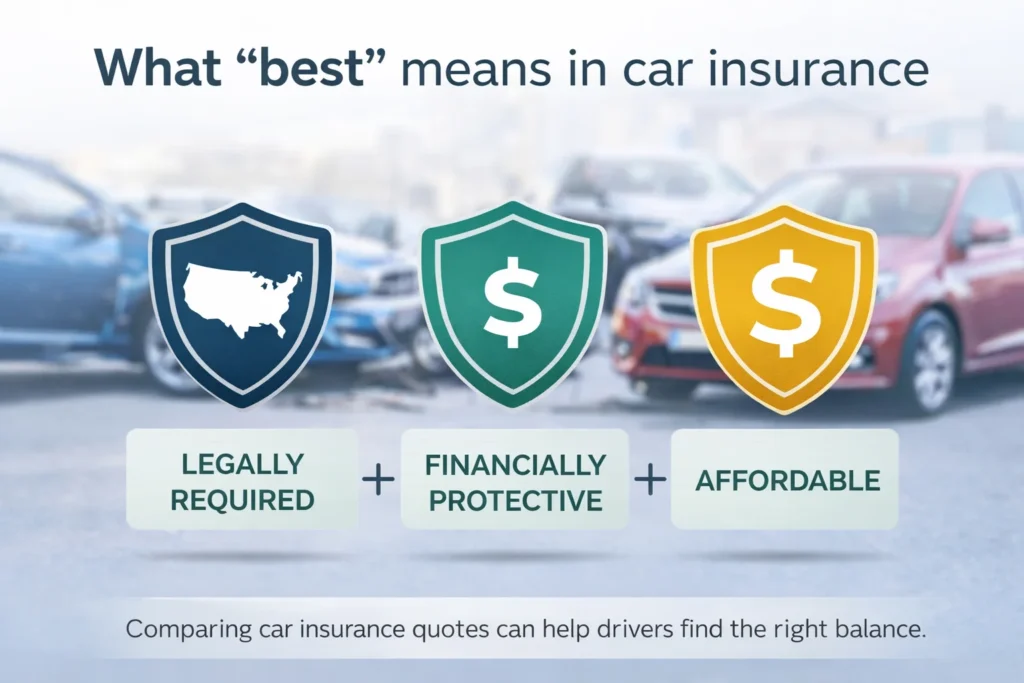 What best car insurance means infographic showing legal coverage financial protection and affordability
