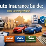 Auto insurance guide feature image showing damaged and undamaged cars, an insurance claim form, calculator, money, and icons for liability, collision, and comprehensive coverage.
