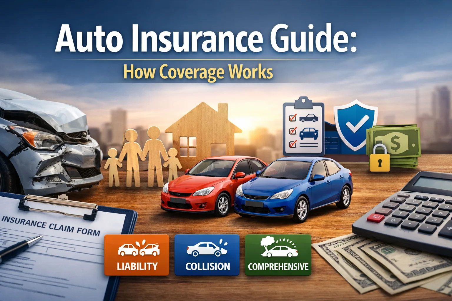 Auto insurance guide feature image showing damaged and undamaged cars, an insurance claim form, calculator, money, and icons for liability, collision, and comprehensive coverage.